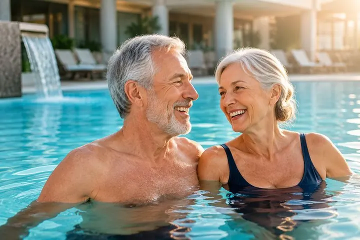 Séjour thermal — couple senior en piscine thermale